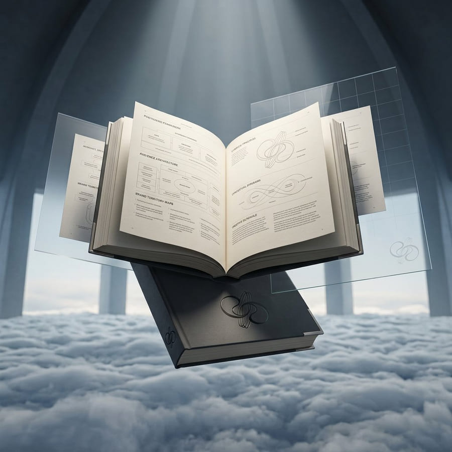 The Empyré Brand Bible open to positioning frameworks and territory maps, floating in a vaulted chamber above the clouds.