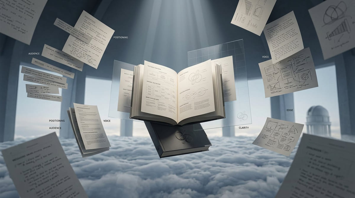 An open Brand Clarity Map with positioning, audience, voice, edge and clarity notes suspended in a vaulted chamber above the clouds.