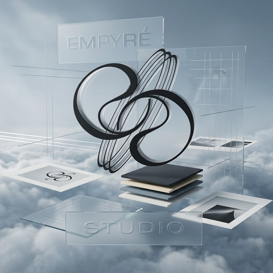 The dimensional Empyré mark with construction grids and glass wordmark panels suspended above a cloud sea.