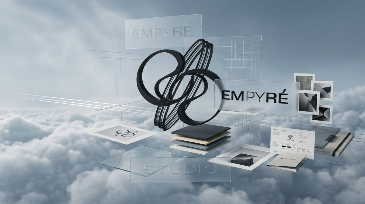 The Empyré mark in dimensional form beside glass identity panels and stacked material swatches above a cloud sea.