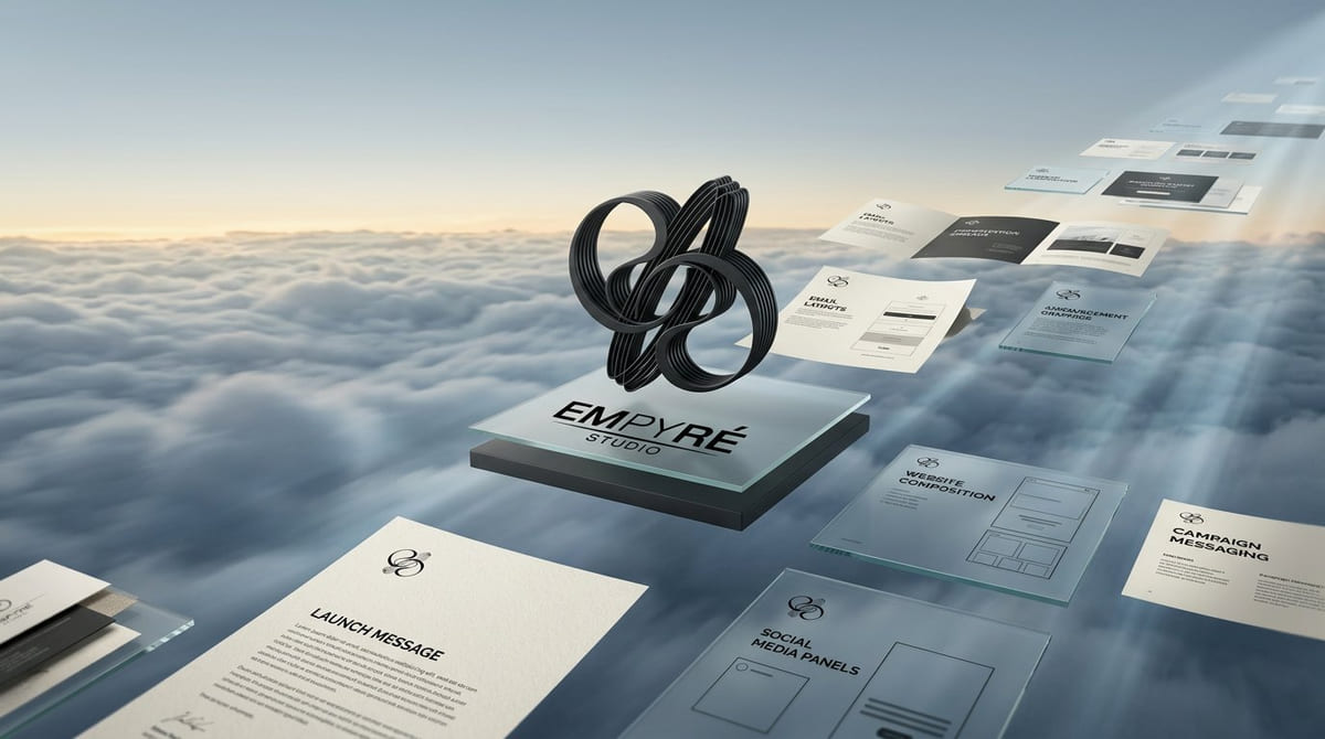 The Empyré mark on a glass plinth with launch messaging, website compositions and campaign panels receding into open sky.