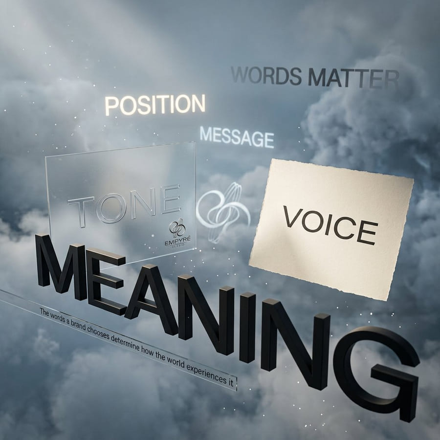 Dimensional letterforms reading MEANING with tone, voice and message panels drifting through storm cloud.