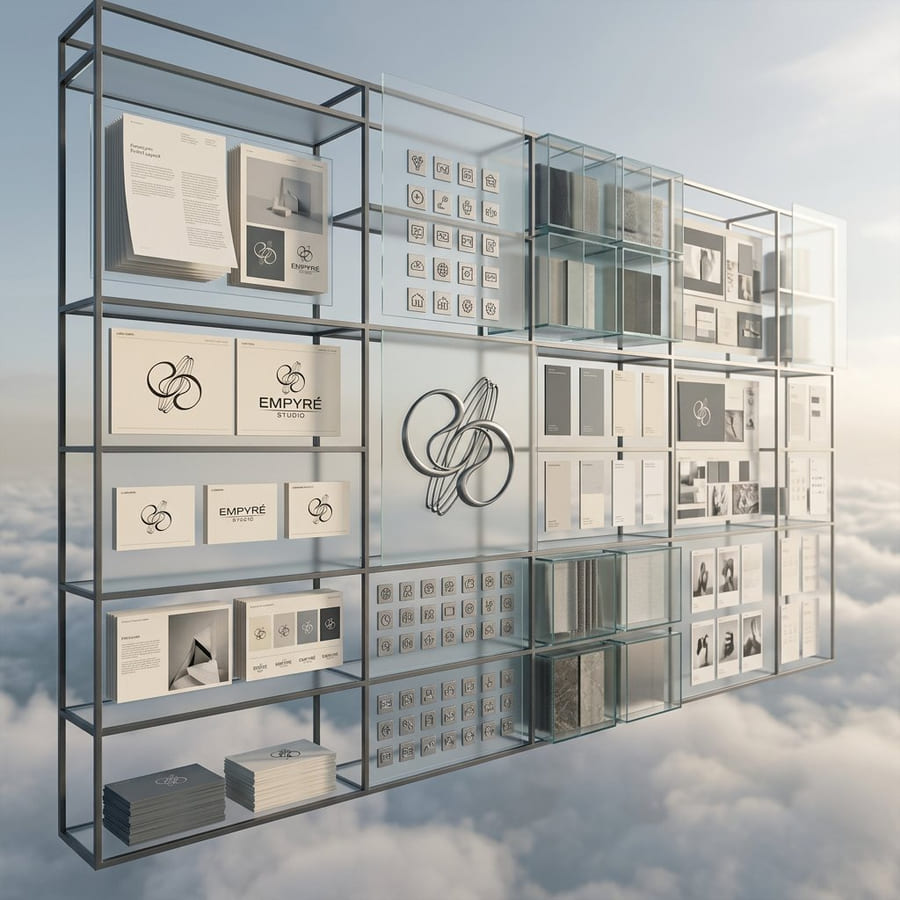 A glass and steel archive wall holding the complete organised Empyré asset suite above the clouds.