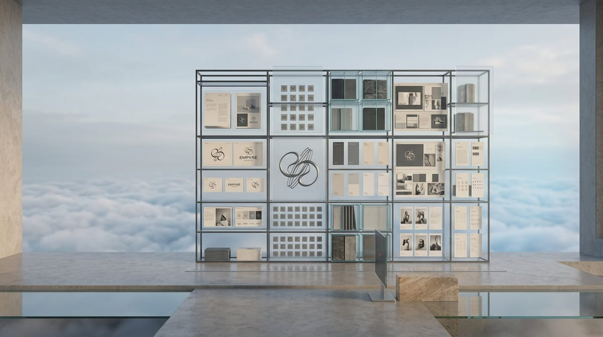 A full brand archive wall of stationery, swatches and printed systems standing in a concrete room open to the clouds.