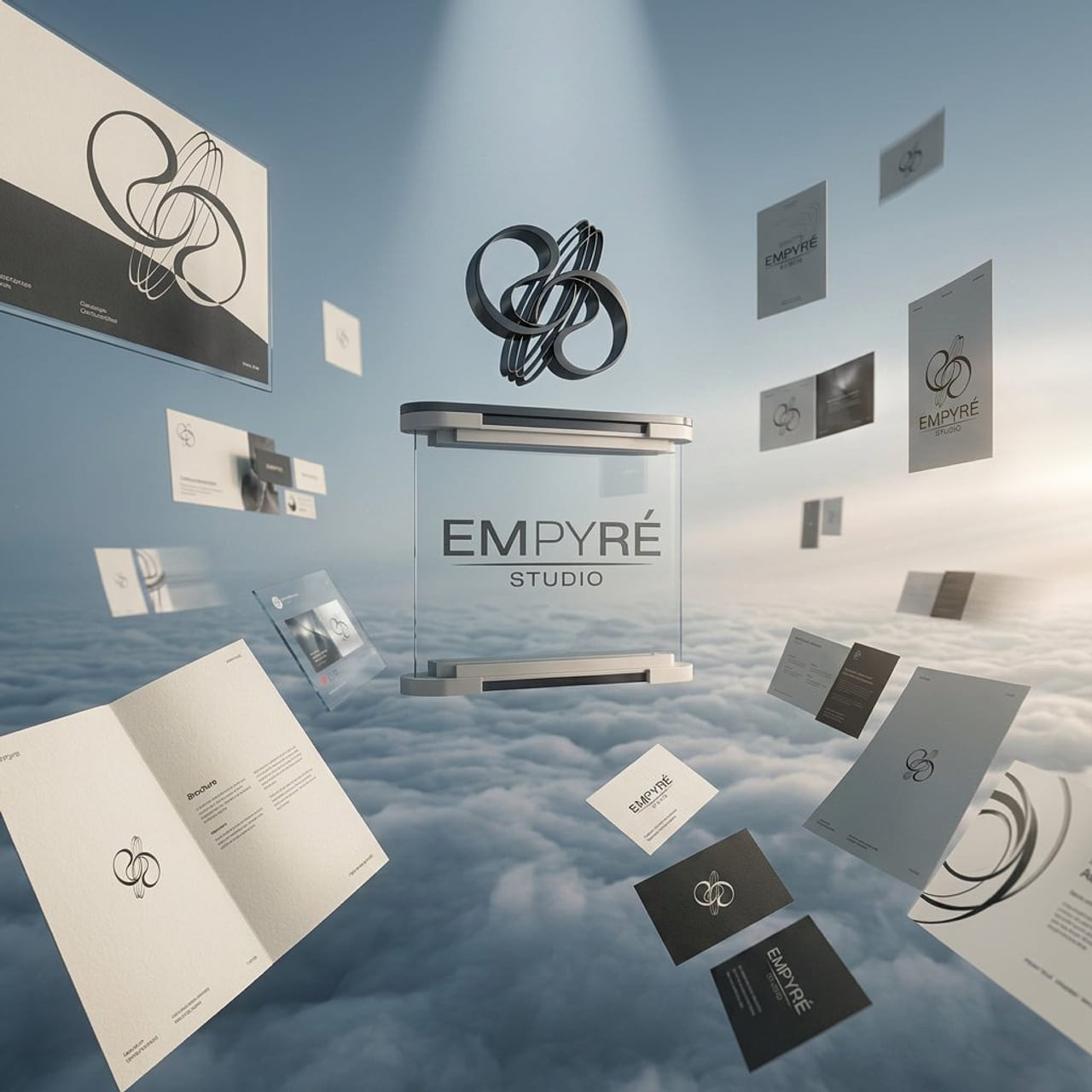 Brand collateral scattering outward from an illuminated glass panel bearing the Empyré wordmark, high above the clouds.