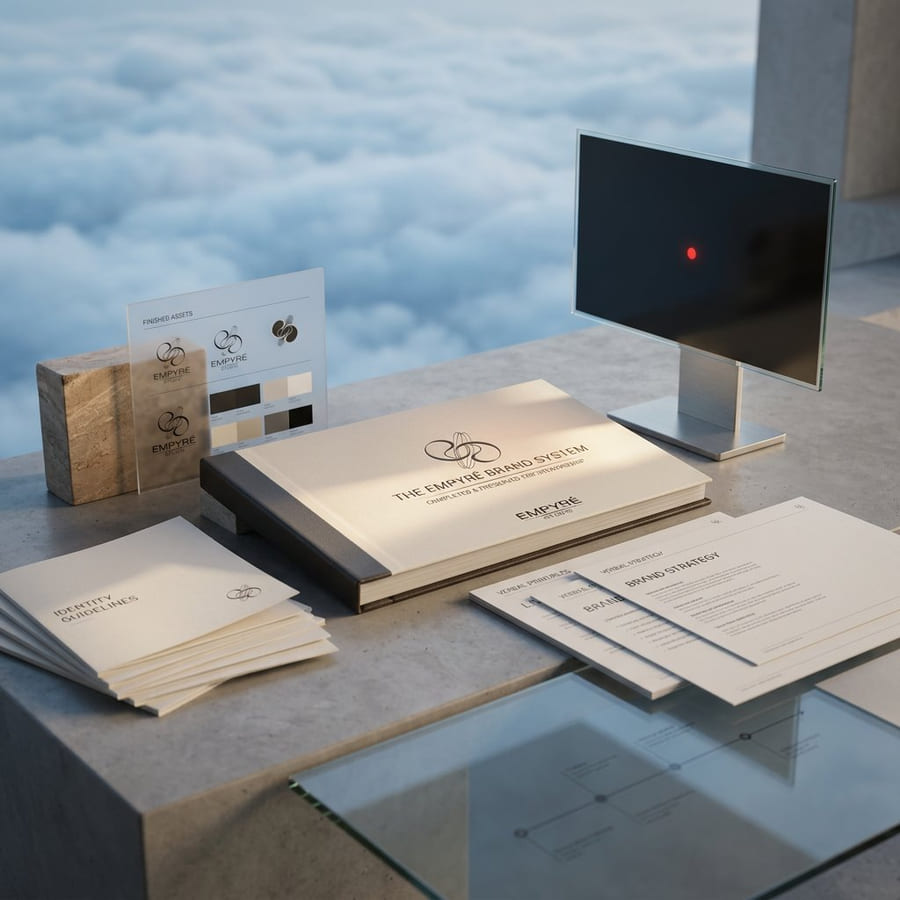 The completed Empyré brand system laid out on a concrete desk beside a window onto an endless cloud sea.